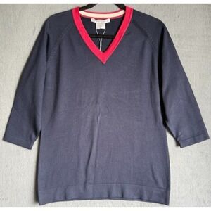 Nike Golf Sweater Women L Blue Red Trim‎ V Neck 3/4 Sleeve Knit Pullover Stretch